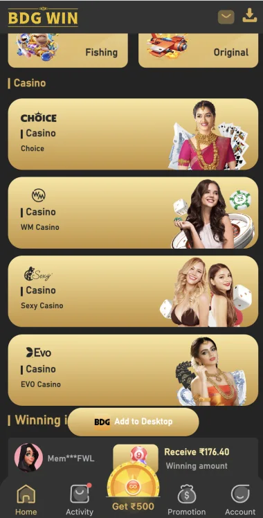 BDG Win casino category and providers