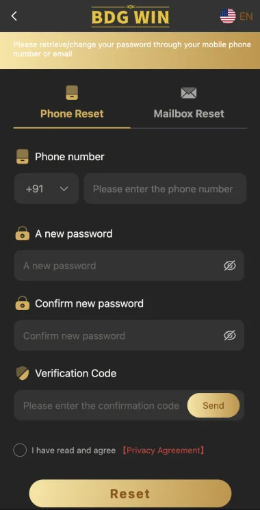 BDG Win password reset form with phone and mailbox tabs