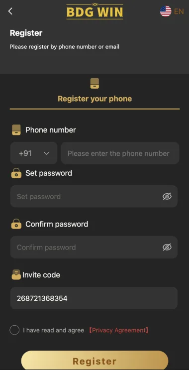BDG Win registration form with phone, password and invitation code