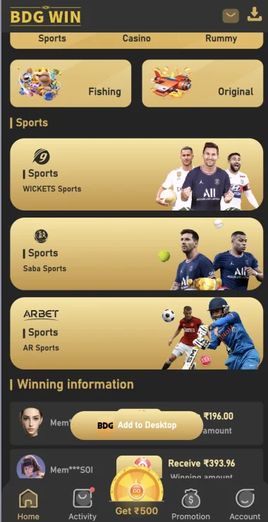 BDG Win sports category and provider list