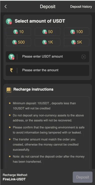 BDG Win USDT deposit amount fields